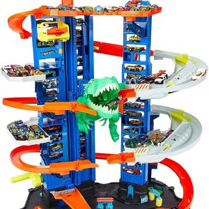 Ultimate Garage Assault du robot T-Rex, avec 2 voitures incluses, Hot Wheels