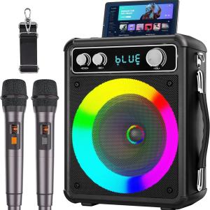 Tragbares Karaoke, tragbarer Bluetooth-Lautsprecher mit 2 kabellosen Mikrofonen, PA-System für Erwachsene und Kinder mit LED-Licht