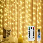 Décoration de Noël, Rideau en fil de cuivre, lumière blanche chaude 300 led, chargement USB, avec télécommande
