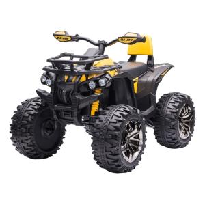 Quad électrique pour enfants, 12V, avec feux de travail et pédale, batterie rechargeable, âge 3-5 ans, couleur jaune.