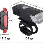 Fahrradbeleuchtung vorne und hinten, wiederaufladbar USB, 300 Lumen, 3 Modi, IPX6 wasserdicht